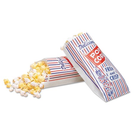Bagcraft Pinch-Bottom Paper Popcorn Bag, 4w x 1.5d x 8h, Blue/Red/White, PK1000 300471